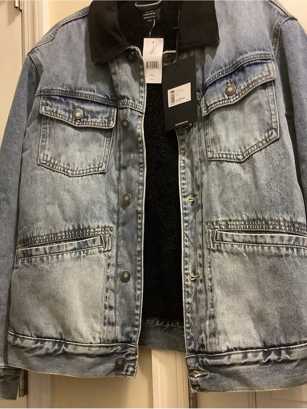 Neuw Light Blue Denim Shirt Jacket with Black Sherpa Collar